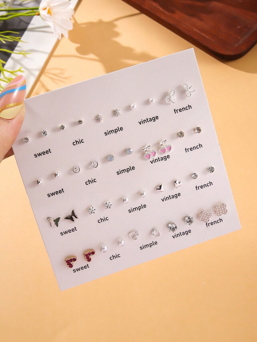 ジュエリー レディース イヤーアクセサリー セット 40個セット ハート 蝶 クローバー 合金 クリスタルインレイピアスセット、フ拍卖