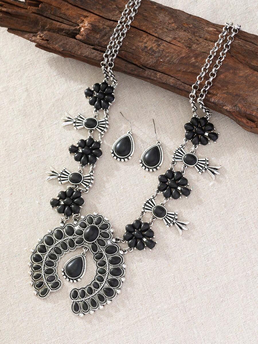 ジュエリー レディース セット ヴィンテージ ボヘミアン ウエスタン スタイル ネックレス&ピアスセット、ブラックターコイズ馬蹄ペ拍卖
