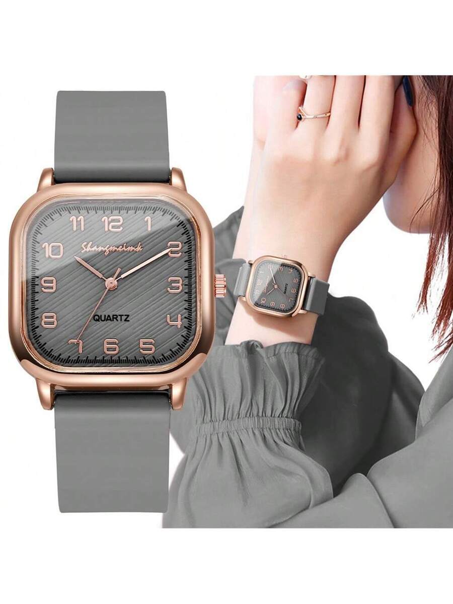 腕時計 レディース クォーツ 1個 レディースファッションカジュアル 四角形数値ダイヤル シリコンバンド クォーツ腕時計、箱なし拍卖