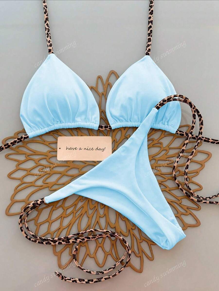 レディース 水着 ビキニセット 2点レオパード柄ホルターネクタイビキニ水着拍卖