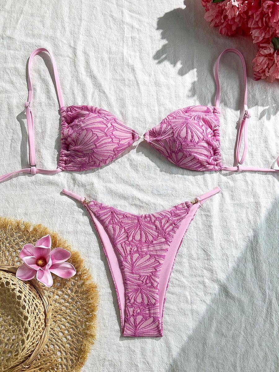 レディース 水着 ビキニセット 2点セット サマービーチバケーション テクスチャ生地スパゲッティストラップ ゴールドデコレーション拍卖