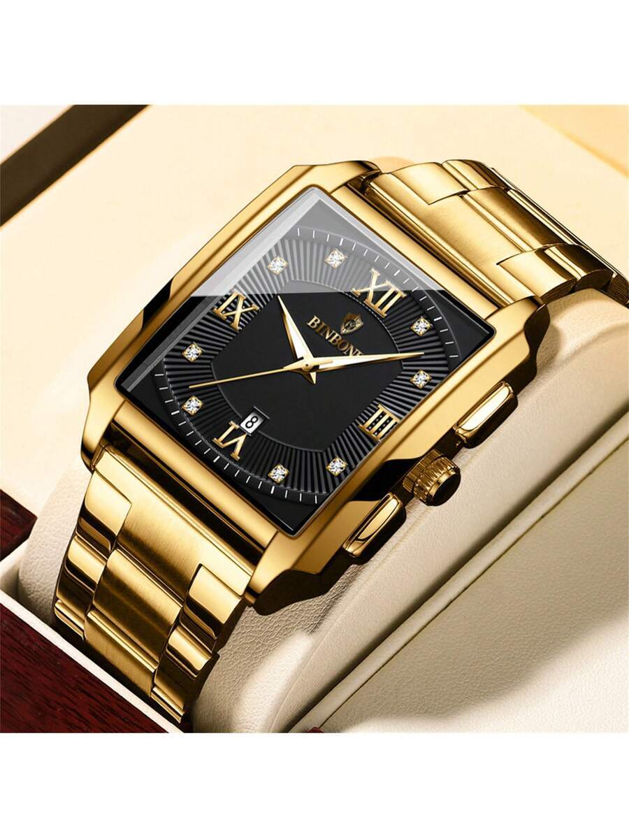 腕時計 メンズ クォーツ メンズ腕時計 ゴールド スクエアダイヤル 50m防水 316ステンレススチール ルミナス 日本製クォーツ拍卖