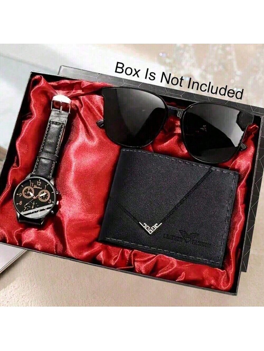 腕時計 メンズ セット 3点セット メンズファッションギフト: 黒革ベルト デジタル式腕時計、短財布、パーソナライズド サングラス拍卖