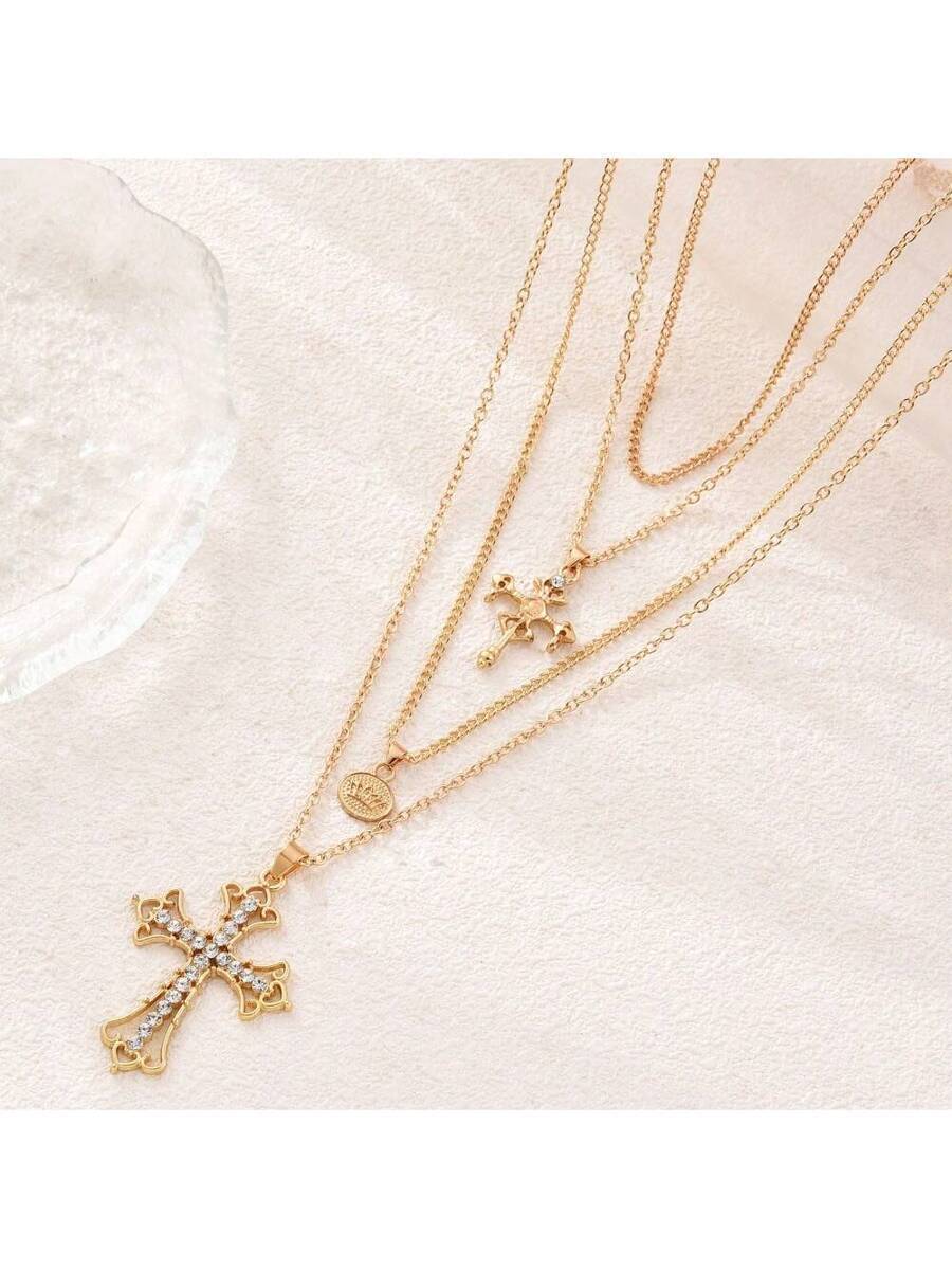 ジュエリー レディース ネックレス セット 多層 白クリスタル&ゴールデン クロス ペンダントネックレス拍卖