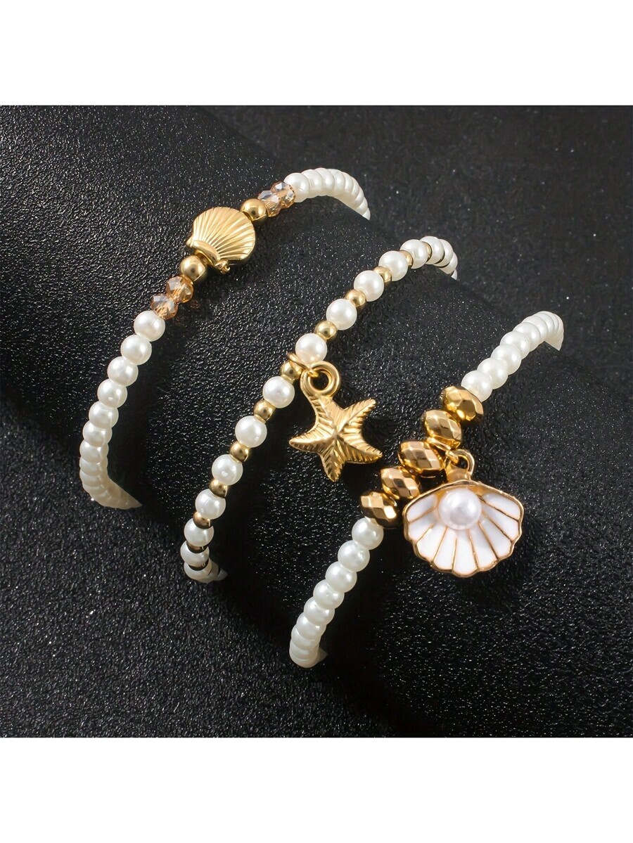ジュエリー レディース ブレスレット セット ボヘミアン海 3点セット: ヒトデ、貝殻ペンダント ブレスレット、多層フェイクパール拍卖
