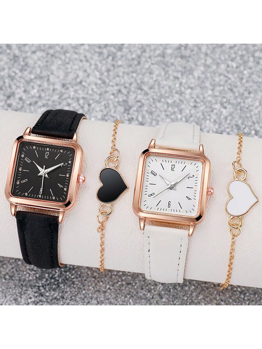 腕時計 レディース セット ロマンティックカップル用クォーツ腕時計 4個セット、正方形の文字盤とハート型ブレスレット - ファッシ拍卖