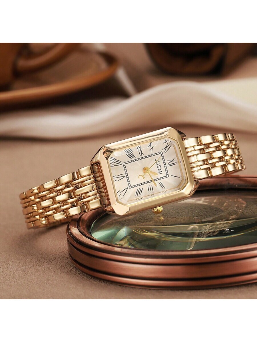 腕時計 レディース クォーツ 1個 レディースファッション小さな長方形ダイヤル&バースケール スチールストラップ レトロ クォーツ拍卖