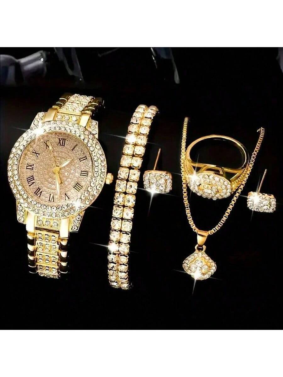 腕時計 レディース セット 7点セット レディース腕時計 ファッショナブルカジュアル ラインストーン ローマ数字ダイヤル クオーツ拍卖