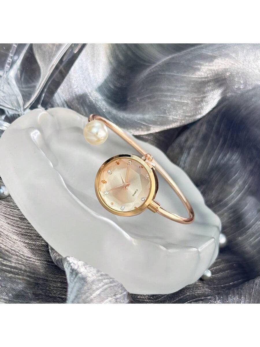 腕時計 レディース クォーツ 1個 女性用上品なブレスレット腕時計 大きな真珠1つ、ダイヤモンドカットガラスダイアル、シンプルな石拍卖