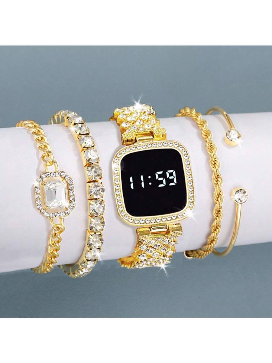 腕時計 レディース セット 4個セット レディース 腕時計 ゴールド デジタル 時計 ブレスレットおまけ付き、日常的な装飾、ホリ拍卖