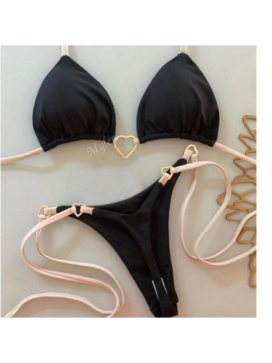 レディース 水着 ビキニセット 2025年新作 ヨーロッパ&アメリカ式メタリック装飾 ホルターネック プッシュアップ タンキニ セ拍卖