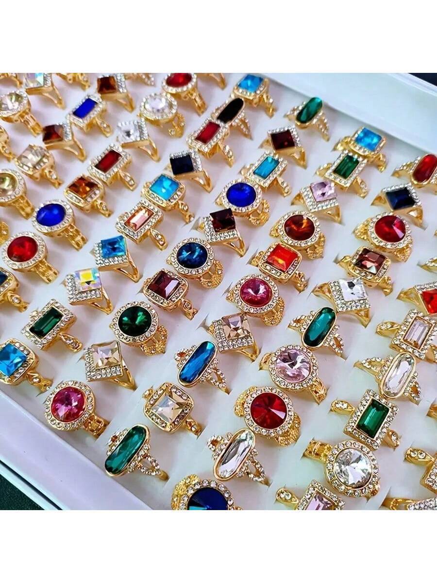 リング レディース セット 高級カラフルなラインストーン装飾 多様なデザインの合金リング 10個パック、韓国風エレガントでシンプル拍卖