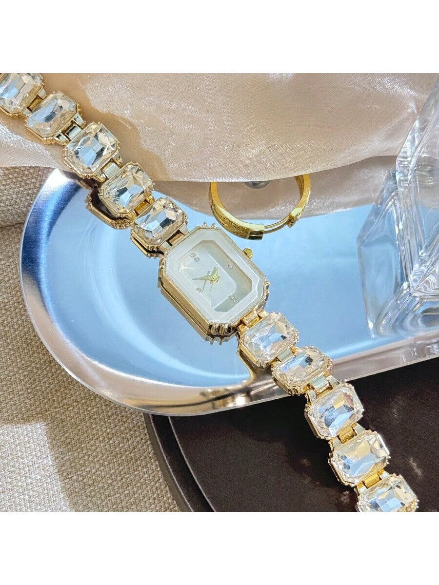 腕時計 レディース クォーツ 1個 女性用シンプルな四角文字盤クリスタルクォーツ腕時計、ダイヤモンドスケール グリッターバンド、パ拍卖