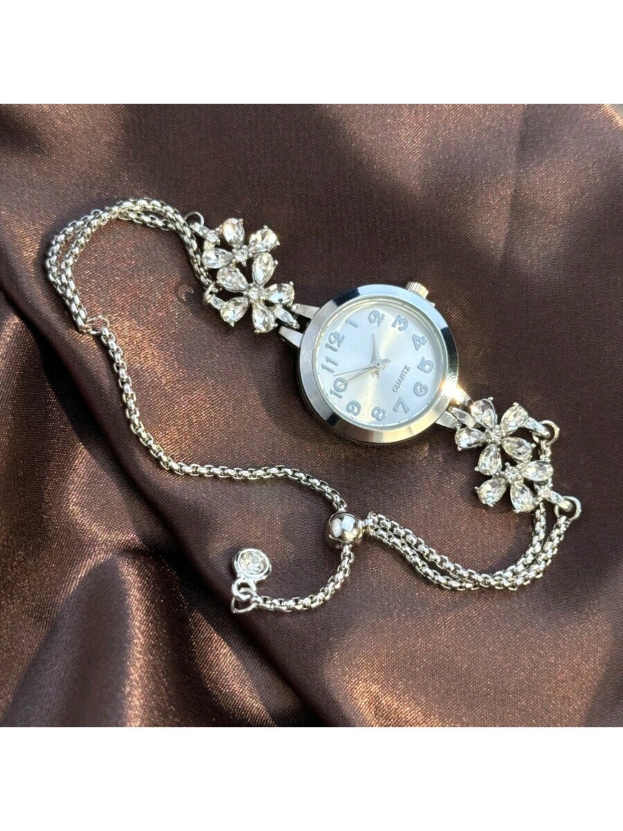 腕時計 レディース クォーツ 1個 女性クォーツ腕時計、カラフルな花びらラインストーン、引き出し式バンド、アラビア数字ダイヤル、優拍卖