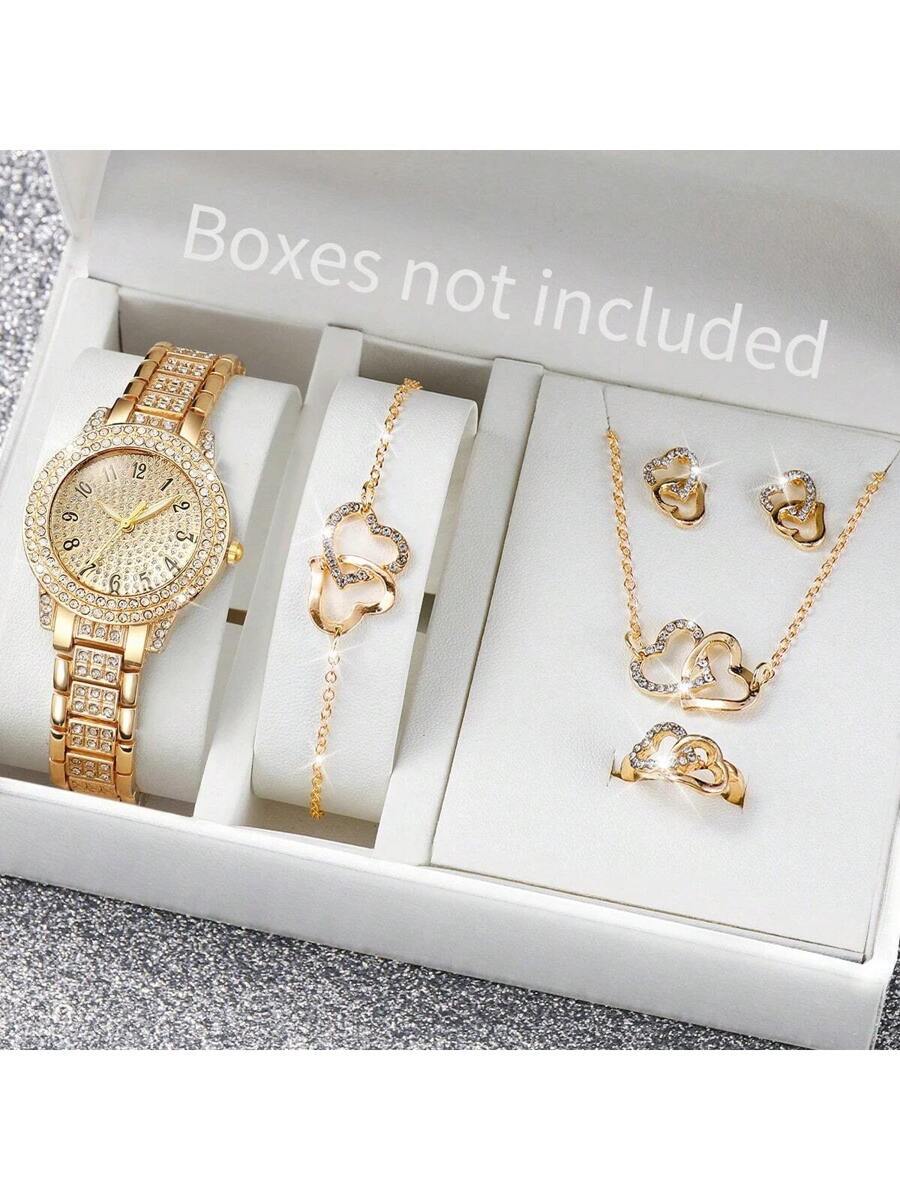 腕時計 レディース セット ダイヤモンド ゴールド 腕時計 ブレスレットセットネックレスピアスリング 6点ジュエリーセット、母の日拍卖