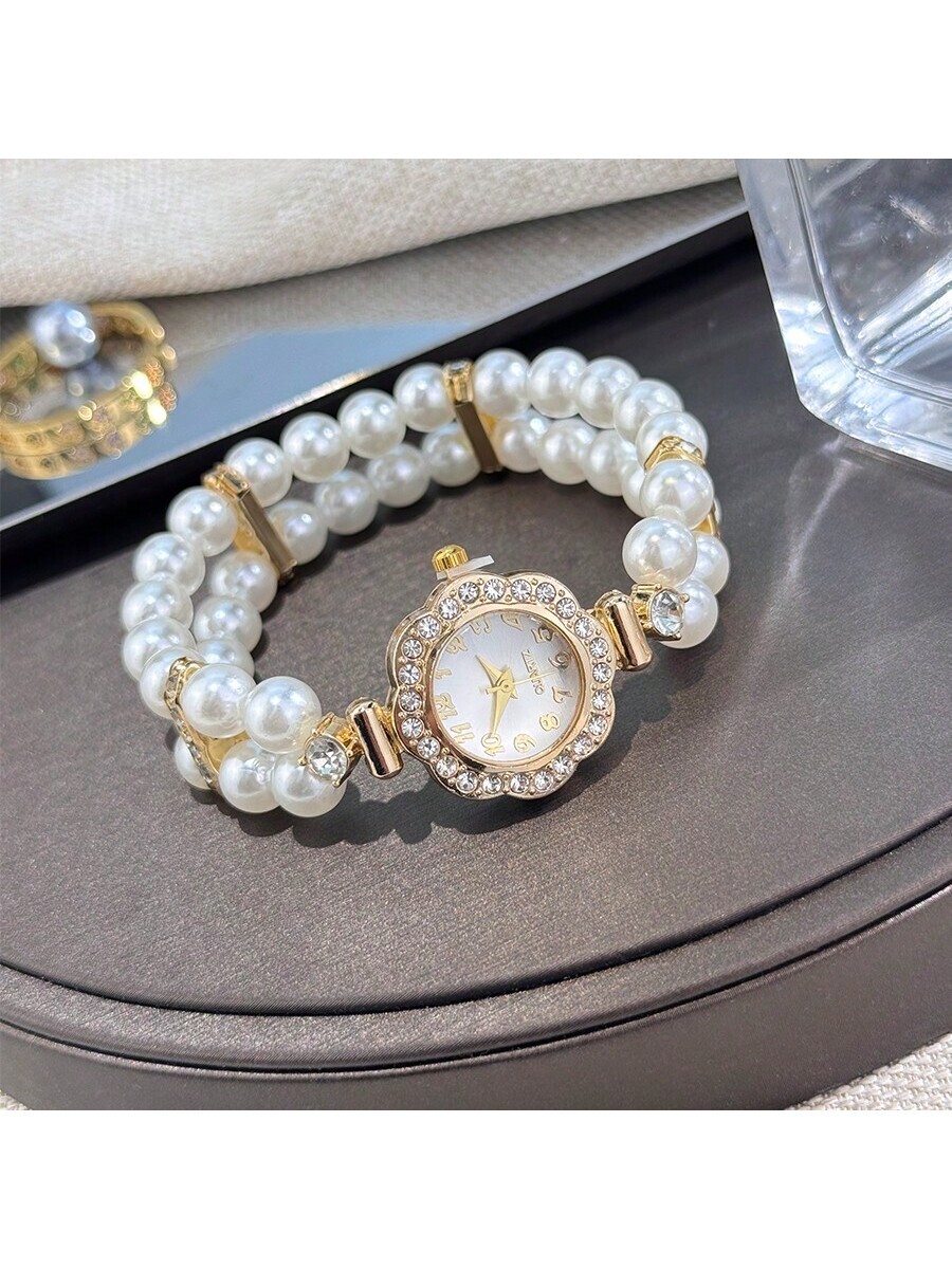 腕時計 レディース クォーツ 1個 レディース ダブルストランド パール エラスティック クリスタル インレイ合金ケース アラビア拍卖