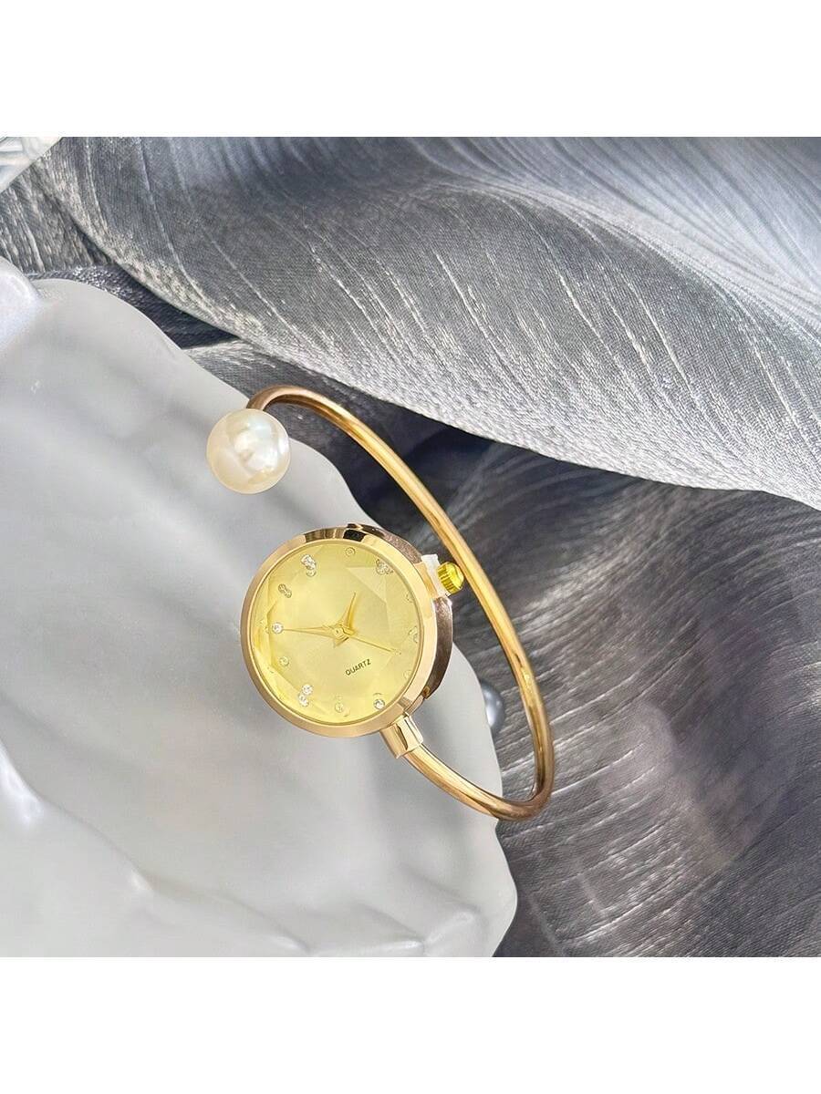 腕時計 レディース クォーツ 1個 レディース スレンダー ブレスレット 大きな人工真珠1個付き、ダイヤモンドカットガラス クリス拍卖