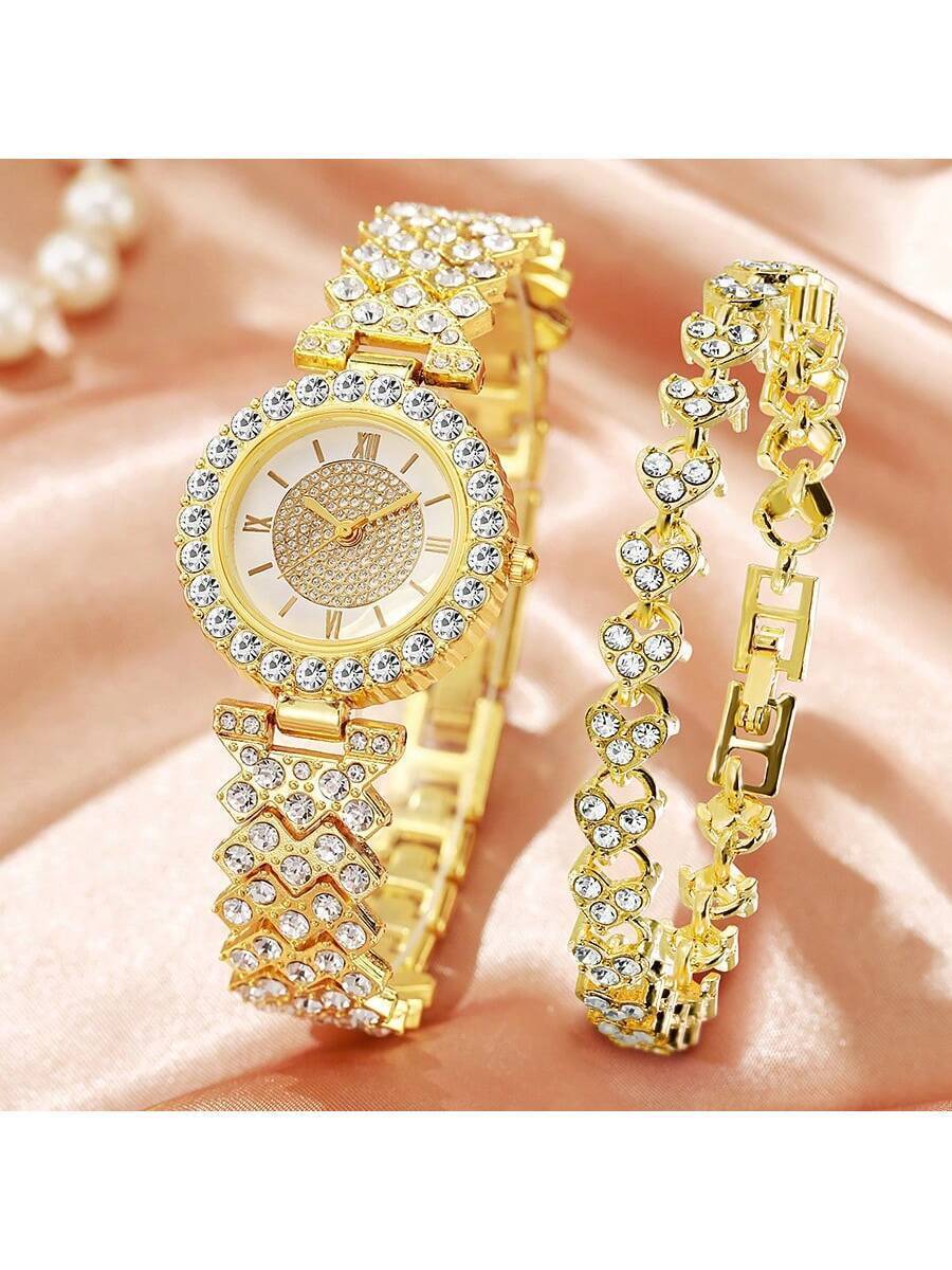 腕時計 レディース セット 高級ステンレスストラップを備えた洗練されたクォーツ腕時計セット2個、ブレスレット&腕時計のセット、女性拍卖