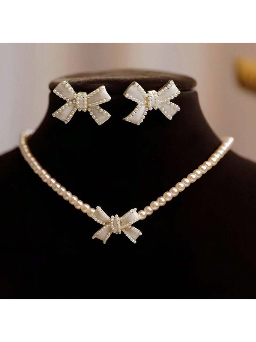ジュエリー レディース セット パール リボン ペンダントネックレス&ピアスセット 3点、ファッショナブルなニッチデザインの多用途拍卖