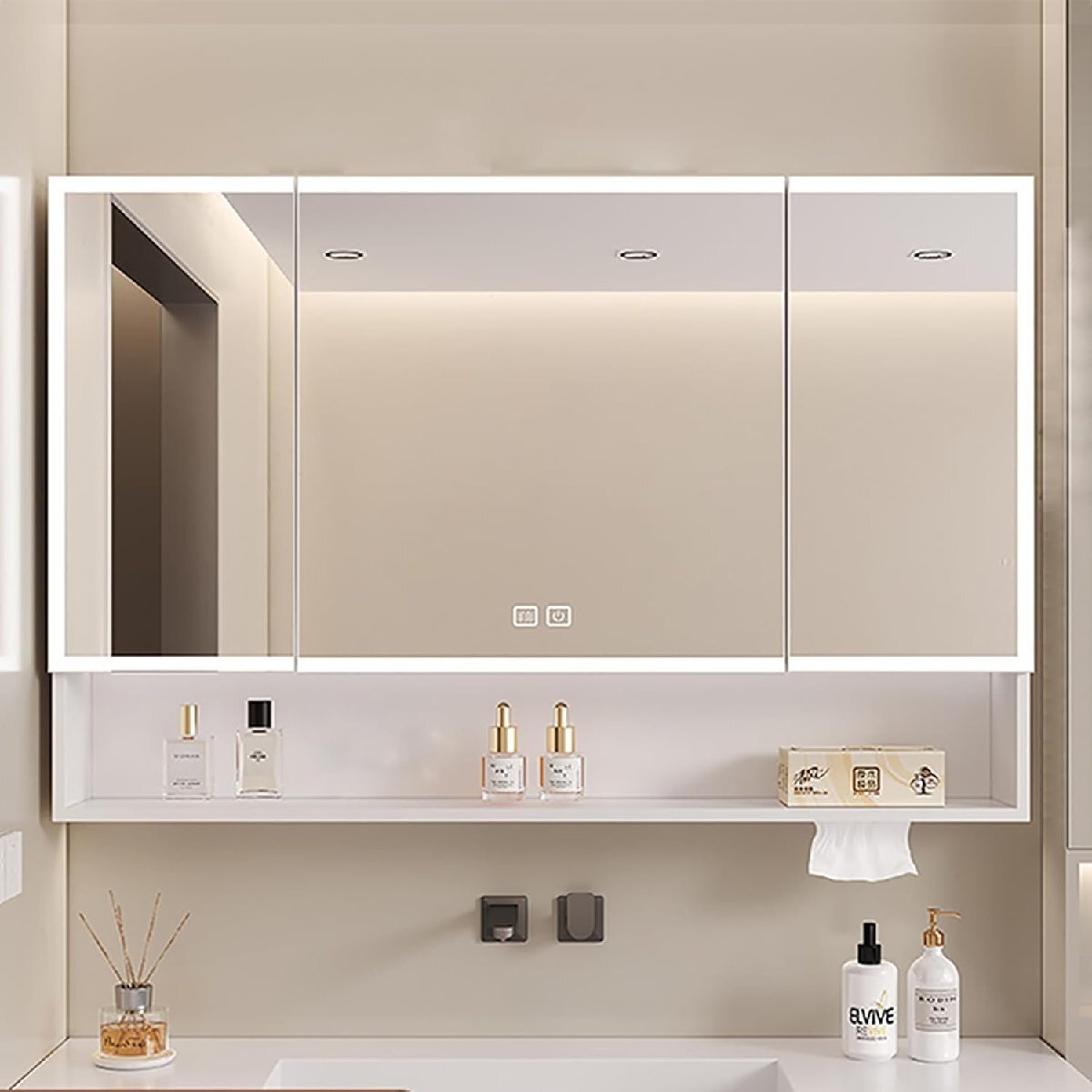 多機能壁掛けミラーキャビネット,浴室お風呂 鏡スマート調光機能付き,LED照明ミラーキャビネット洗面所 浴室 ミラー 曇り止め浴室鏡拍卖