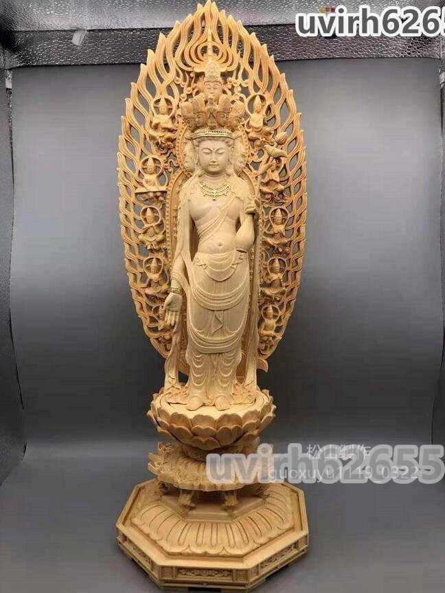最新作 総檜材 木彫仏像 仏教美術 精密細工 金箔 切金 十一面観音菩薩立像 高さ38cm拍卖
