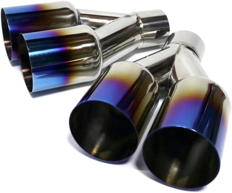 汎用 90パイ ステンレス マフラーカッター 2本出し 左右2個セット 切りっぱなし チタンブルー 段違い拍卖