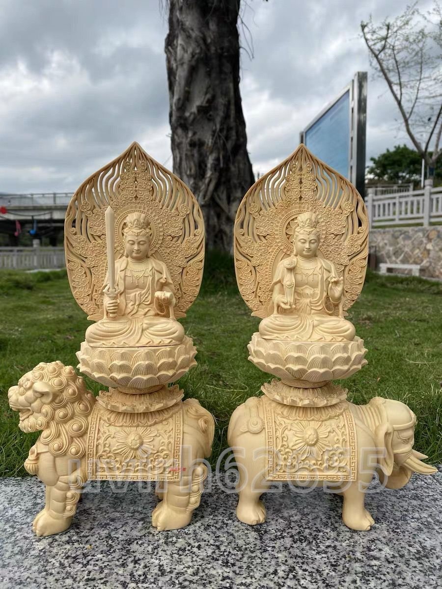 新入荷★仏像 手彫り仏教美術 精密彫刻 普賢菩薩座像 職人手作り 文殊菩薩座像拍卖