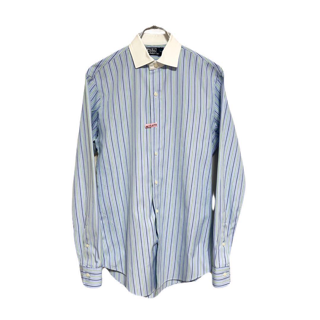 即決★美品 S POLO by RALPH LAUREN★コットンクレリックシャツ ポロバイラルフローレン ライトブルー ストライプ拍卖