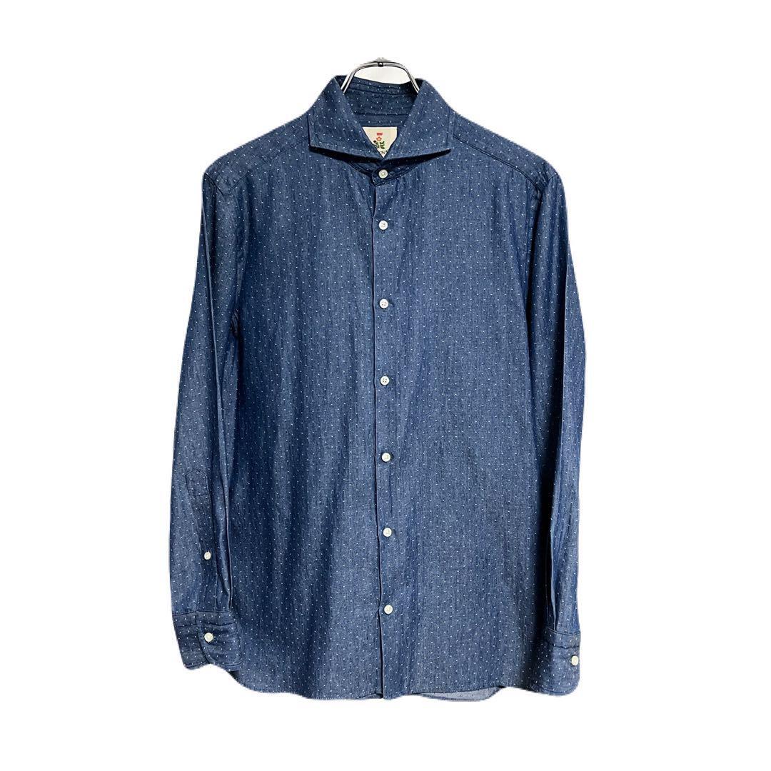 即決★良品 イタリア製 GUY ROVER★38 コットンワイドカラーシャツ ギローバー ネイビー 水玉 クラシコ拍卖