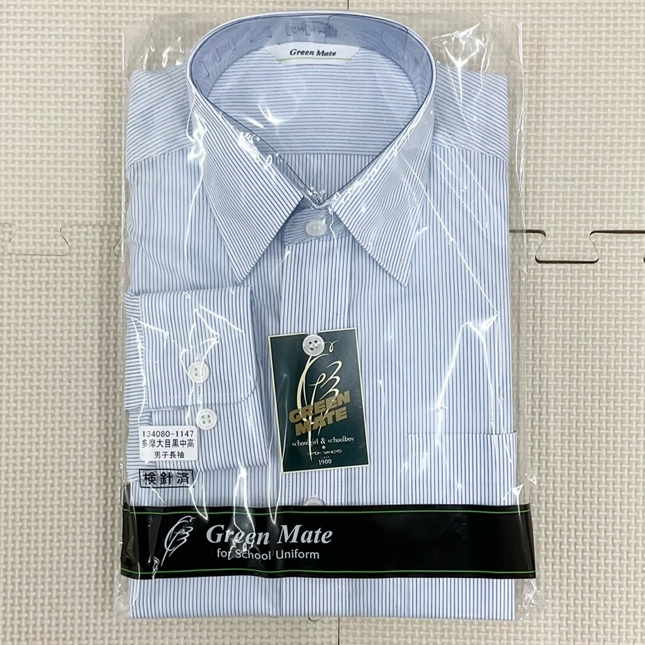 (未使用品)(K) 男子 長袖ワイシャツ 3S ◆マークなし◆学校指定品◆白×青ストライプ柄◆GREEN MATE◆制服◆学生服◆冬服◆スクールシャツ拍卖