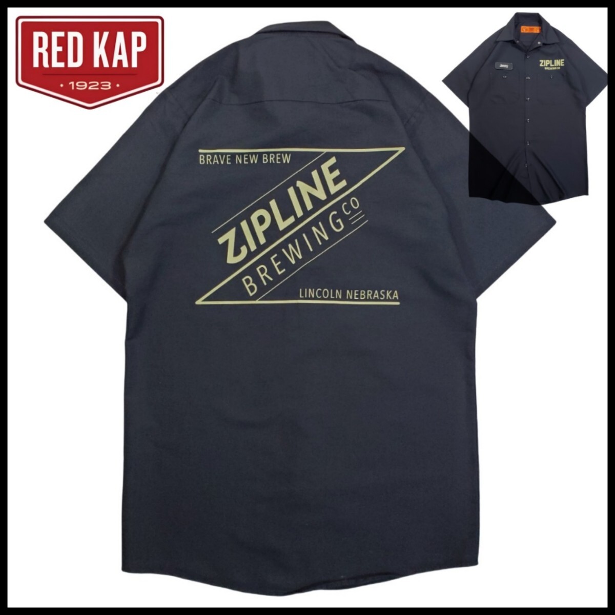 w228/ 良好 古着 RED KAP レッドキャップ 半袖 ワークシャツ S 両面プリント ZIPLINE BREWING CO ワッペン 洗濯プレス済 ネコポス発送拍卖