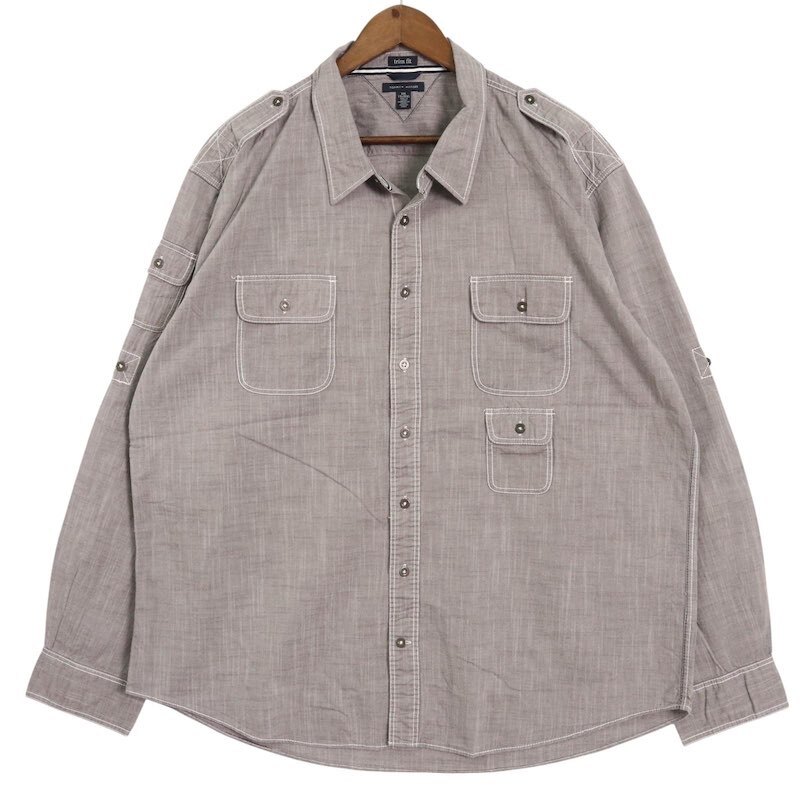 TOMMY HILFIGER トミーヒルフィガー 長袖コットンシャツ エポレット付き Trim FIT メンズUS-XXL グレー hsc-0660n拍卖