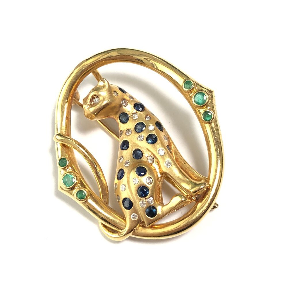 K18 エメラルド0.17ct サファイア0.50ct ダイヤモンド0.15ct ヒョウデザイン ジュエリー ブローチ&トップ イエローゴールド拍卖
