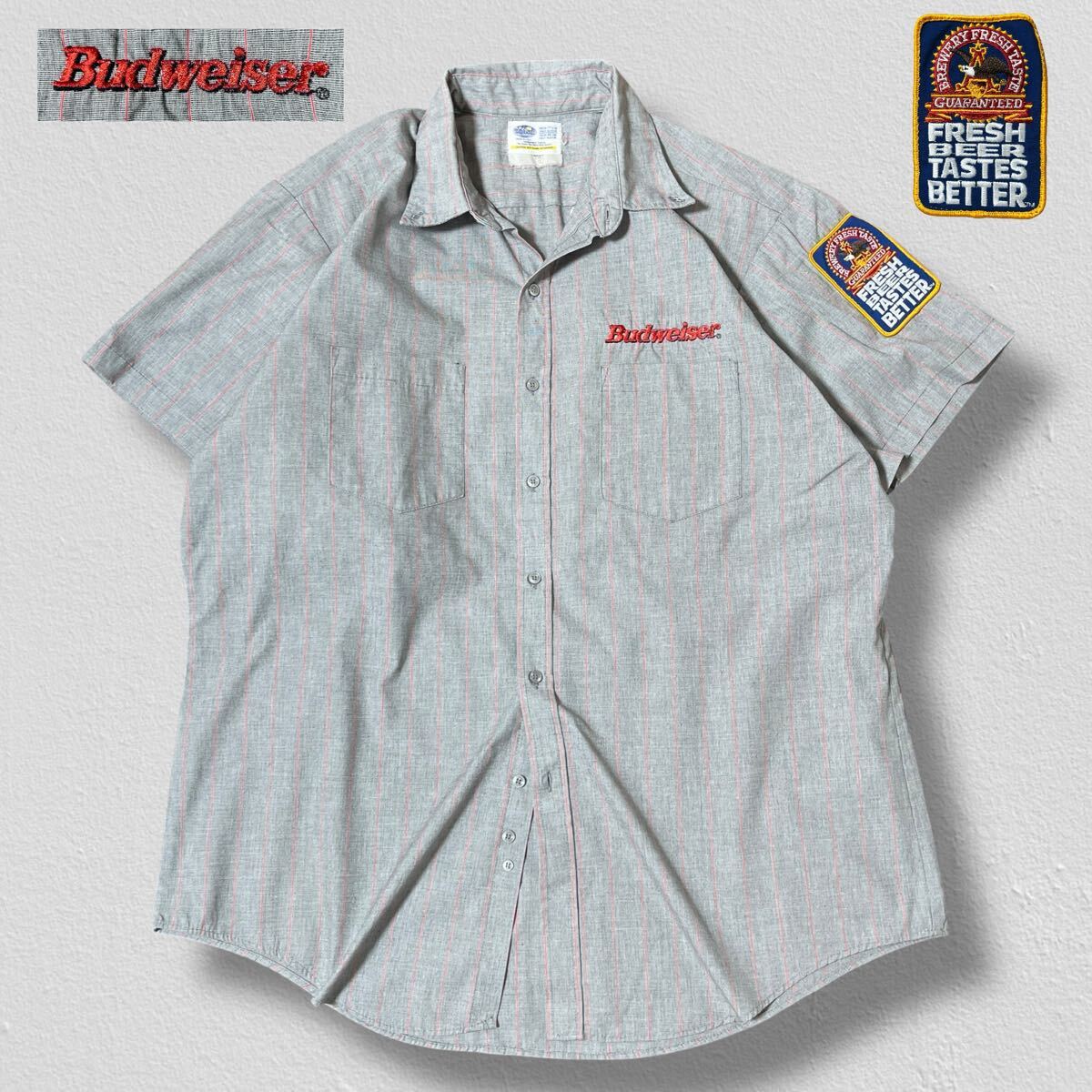 RIVERSIDE USA製 半袖ワークシャツ 刺繍 ワッペン Budweiser グレー×レッド ストライプ 17-1/2 XL ●洗濯プレス済●ネコポス可● 古着/442拍卖