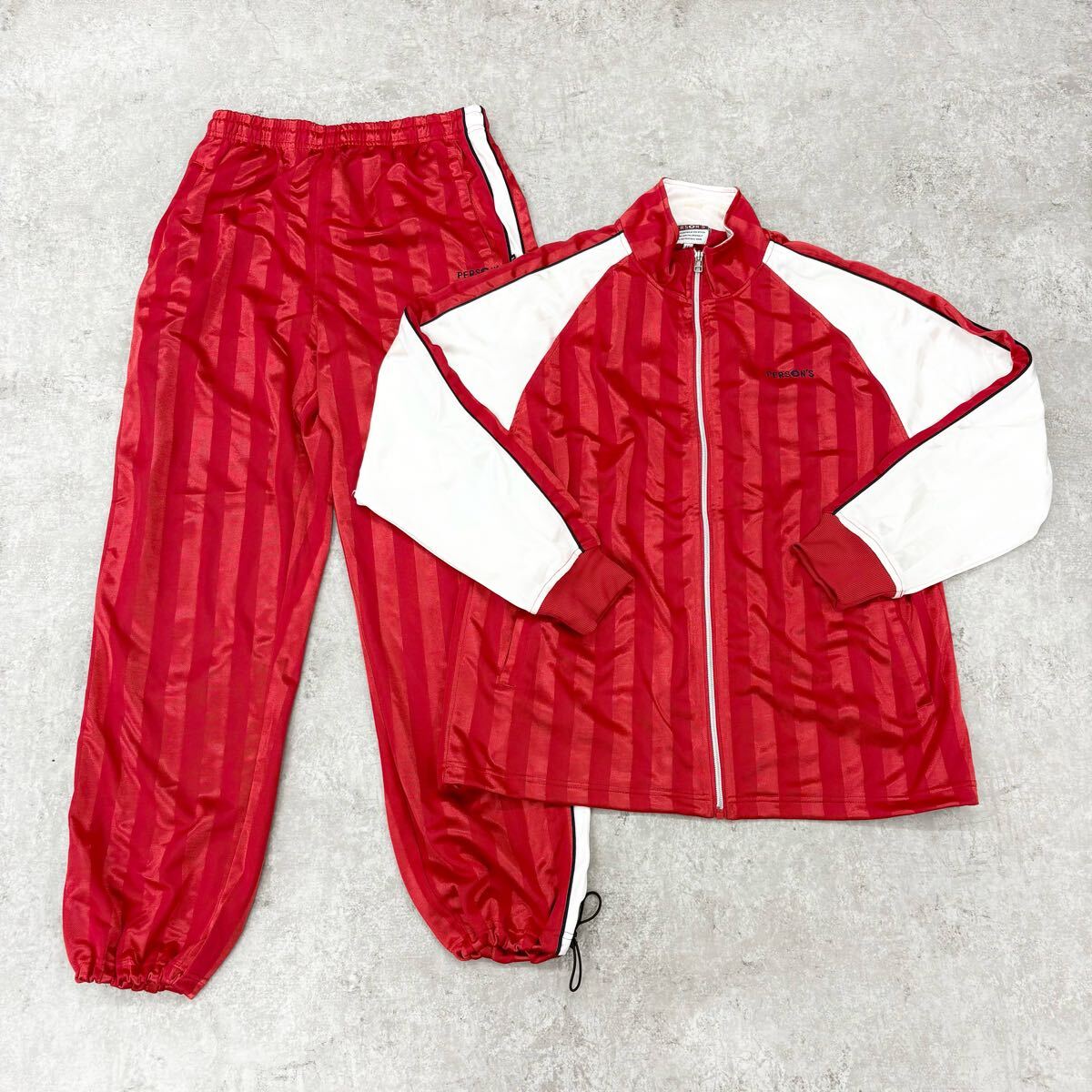1796〓 セットアップ PERSON'S パーソンズ ジャージ サイズLL レッド ホワイト ストライプ 足首ドローコード有り カジュアル拍卖