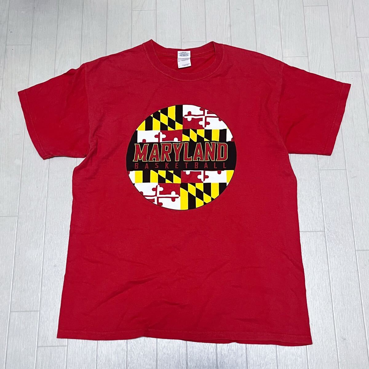 和802★① 古着 GILDAN MARYLAND BASKETBALL ギルダン 半袖 プリント Tシャツ L レッド メンズ拍卖