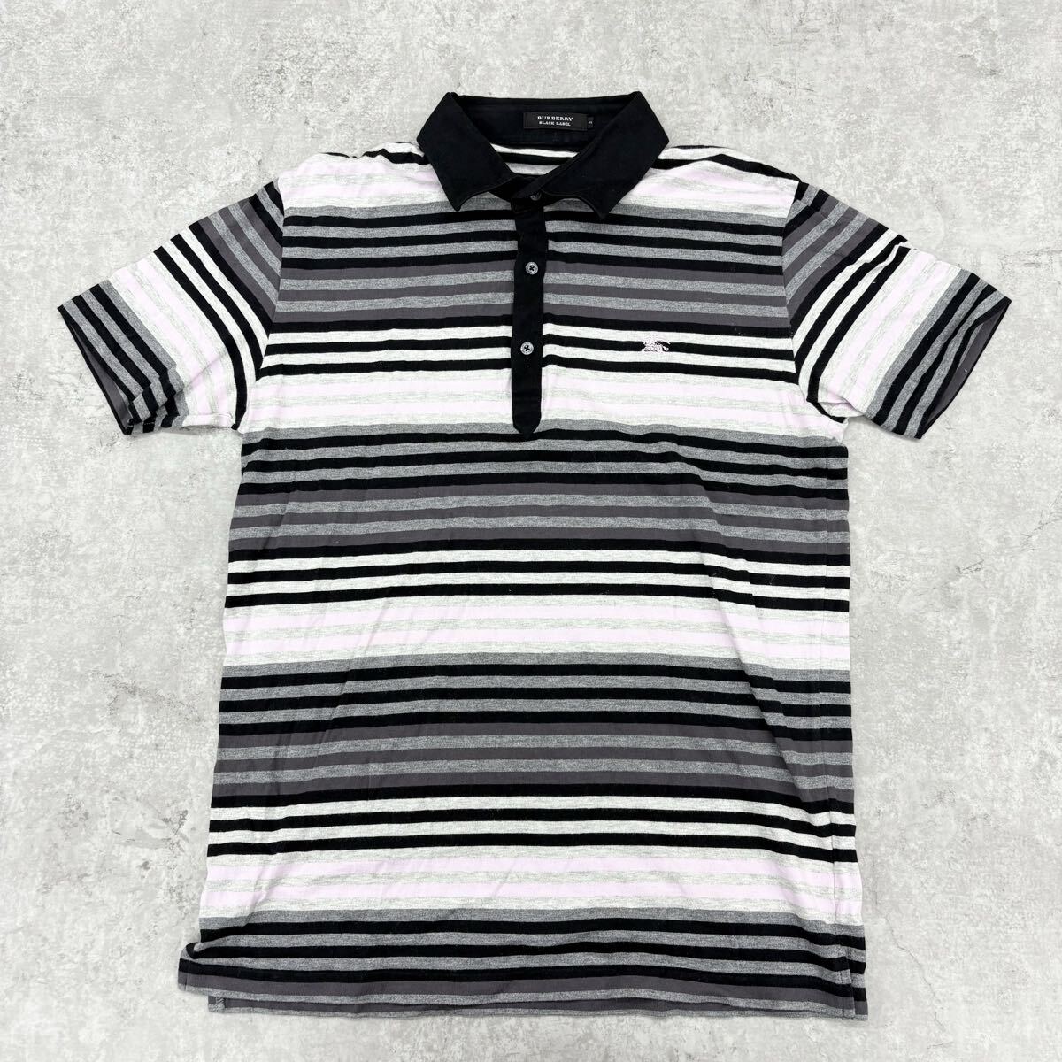 1800〓 BURBERRY BLACK LABEL バーバリー ブラックレーベル 半袖ポロシャツ メンズ サイズ3 ボーダー トップス カットソー シャツ拍卖