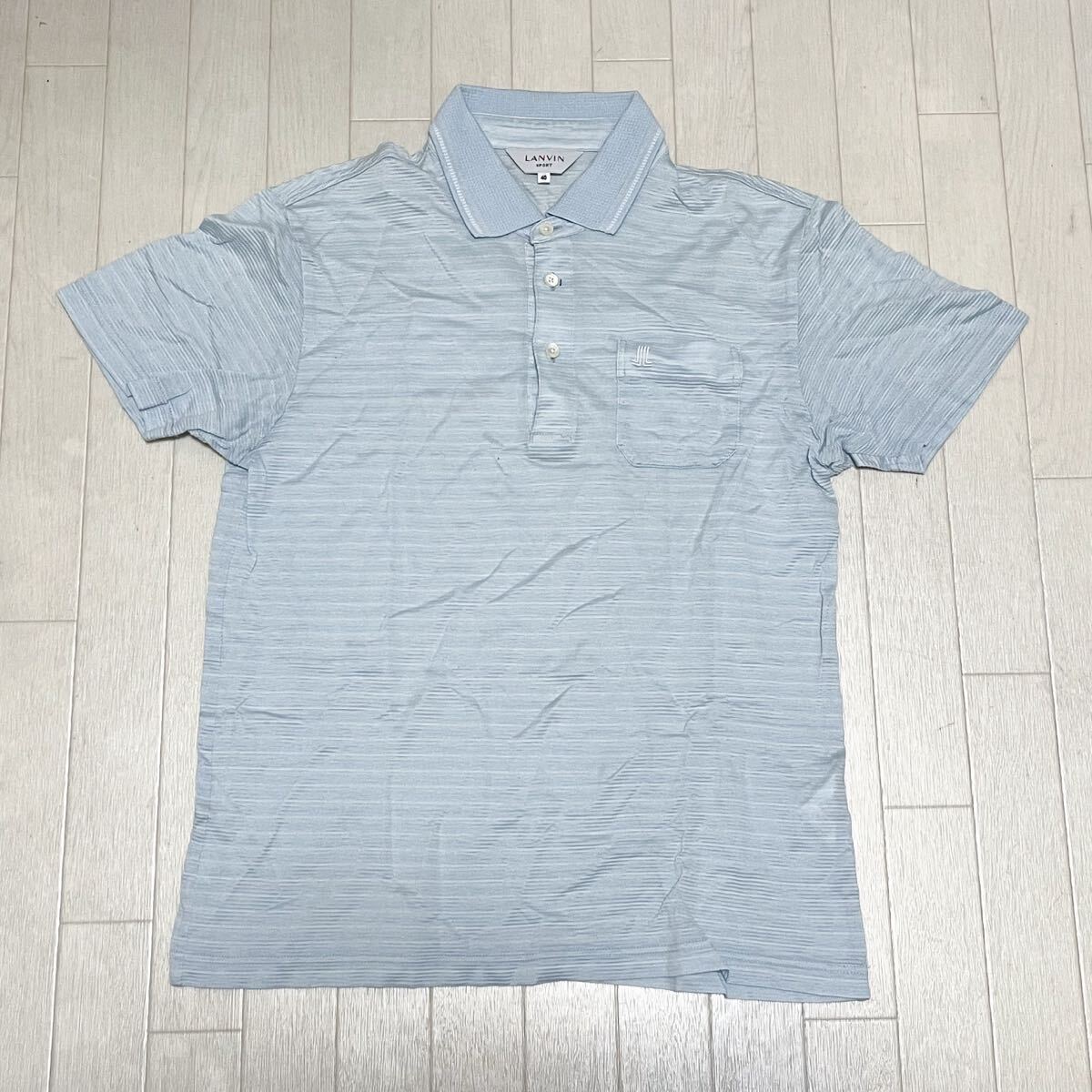 和803★ LANVIN SPORT ランバン スポーツ 半袖 ポロシャツ 胸ポケット ワンポイントロゴ刺繍 ボーダー 40 ライトブルー メンズ ゴルフ拍卖