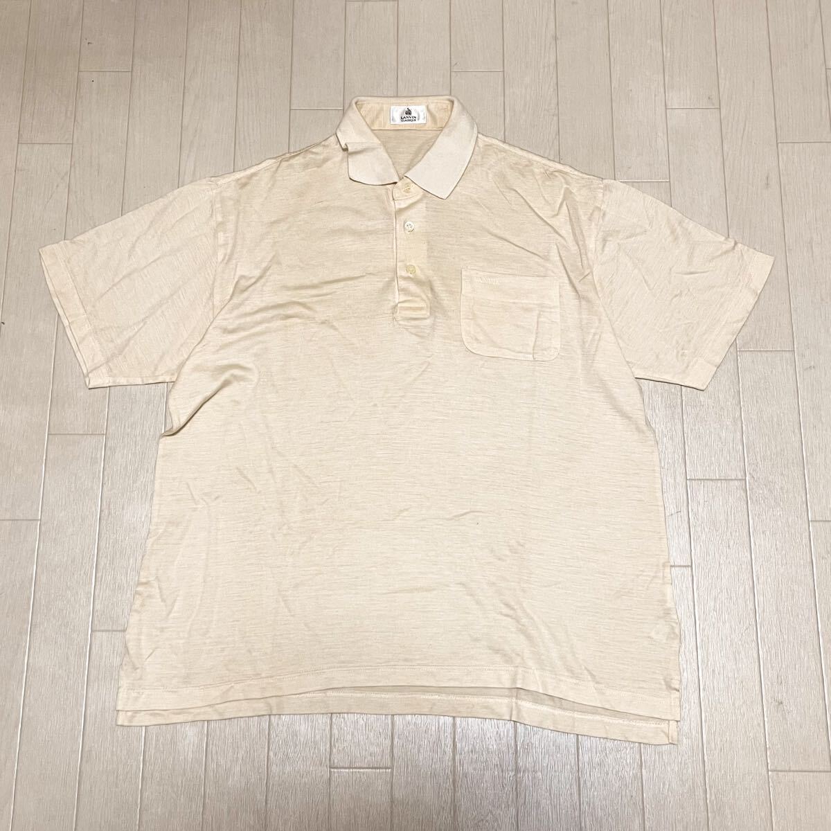 和803★ LANVIN CLASSIQUE ランバン クラシック 半袖 ポロシャツ 胸ポケット ロゴ刺繍 M ベージュ メンズ シルク混拍卖