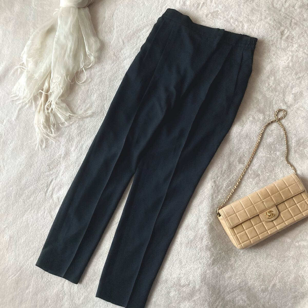 アドーア*上質ストレッチジョーゼット ウエストゴム テーパードパンツ*ブラック拍卖