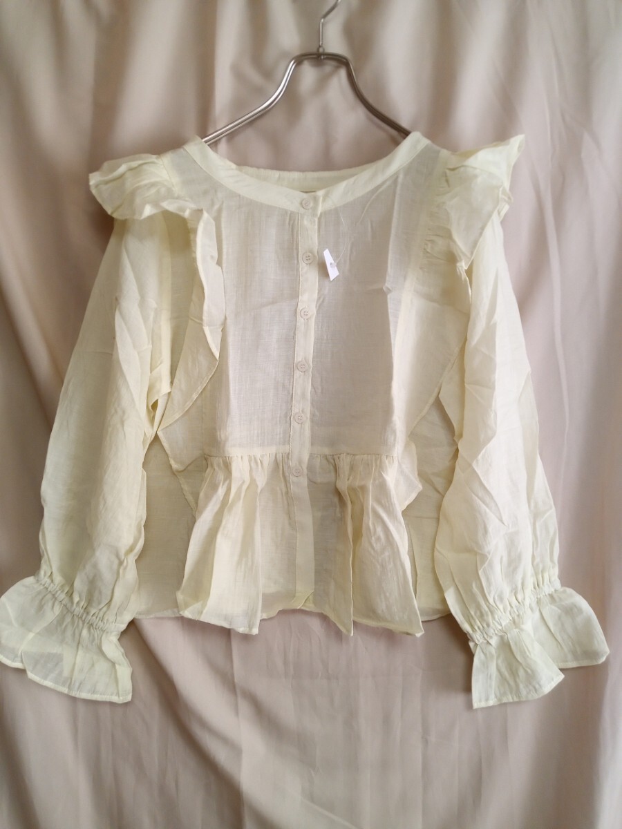 7732 ■■ シアーフリル長袖トップス キャンディスリーブ ライトイエロー 未使用品拍卖