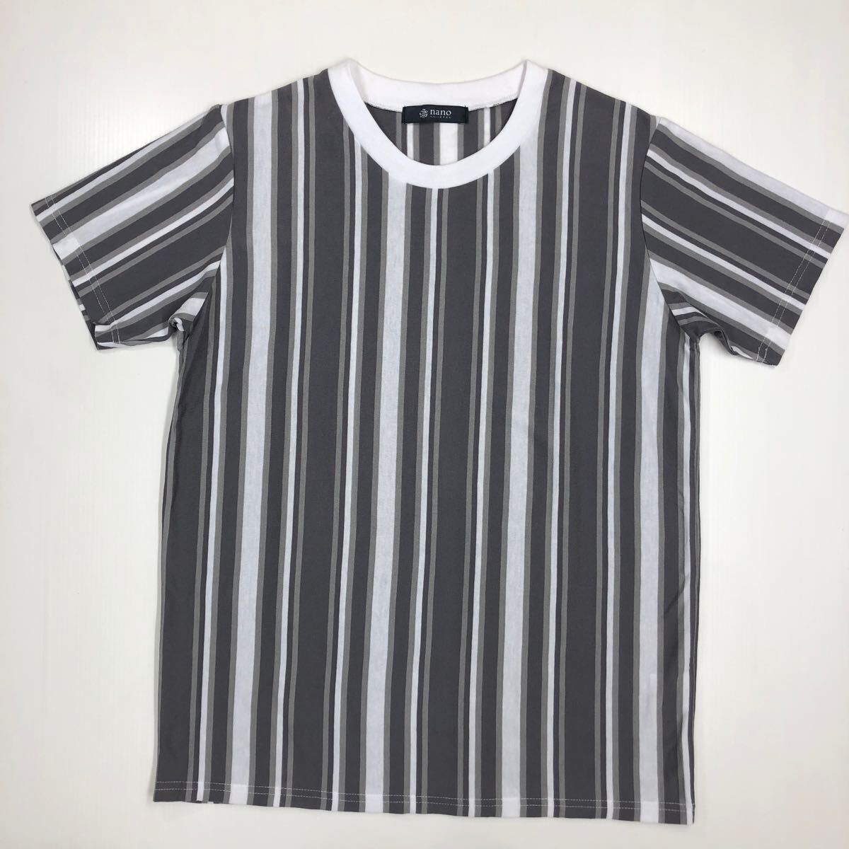 nanouniverse ナノユニバース 半袖Tシャツ ストライプ グレー系 メンズ Sサイズ 47-61拍卖