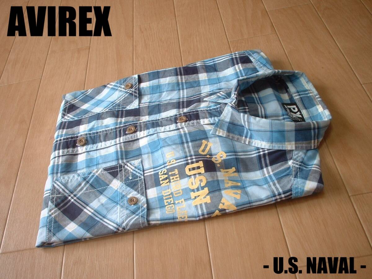 AVIREX U.S.NAVALミリタリーチェックシャツ美品XL正規6155149アビレックス半袖AIR FORCEエアフォースUSNコットンNAVYステンシル拍卖