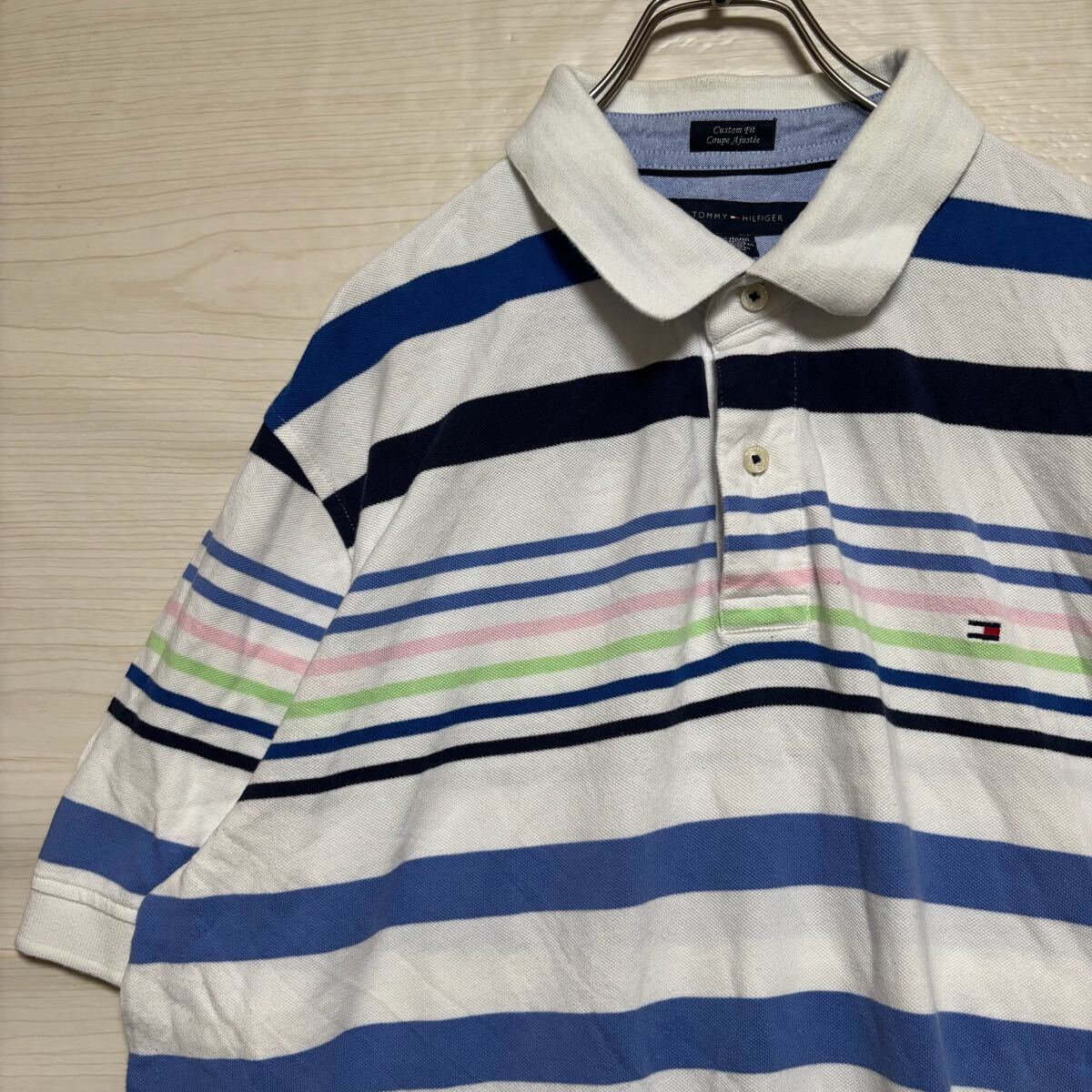 TOMMY HILFIGER トミーフィルフィガー 半袖ポロシャツ 半袖シャツ 鹿の子 ロゴ刺繍サイズXL マルチカラー ボーダー メンズ トップス (20)拍卖