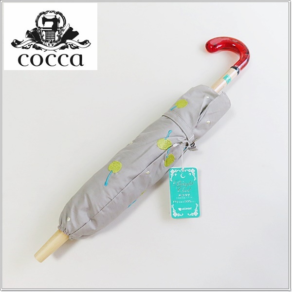 ◆cocca コッカ UV遮蔽率99%以上 遮熱効果生地使用 折りたたみ 純パラソル 日傘 未使用 ◆さくらんぼ チェリー刺繍◆拍卖