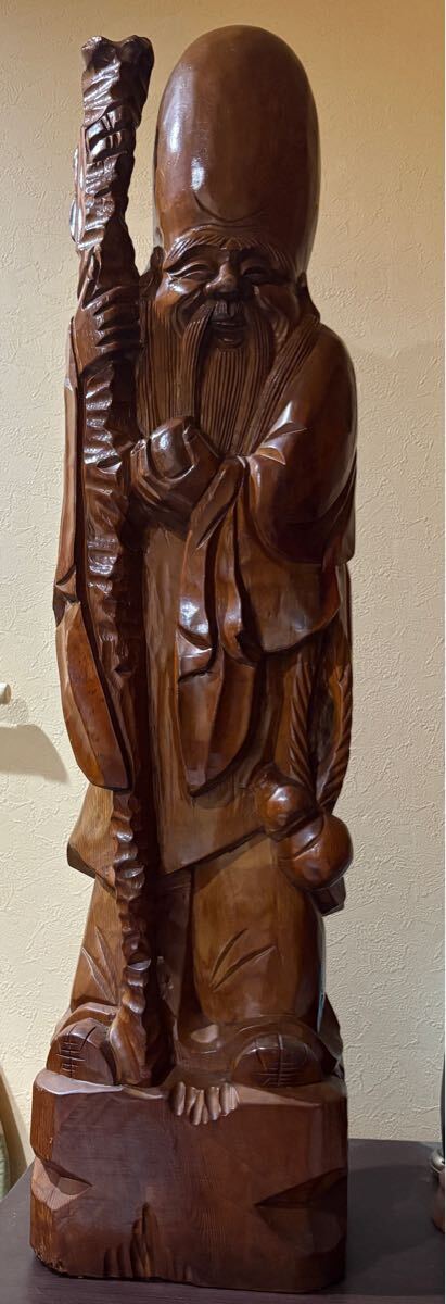 福禄寿 超大型 99㎝ 寿老人 木彫 七福神 福禄寿 神仙 仏像 縁起物 置物 彫刻 仏教美術 仏像 オブジェ 桃仙人 長老 拍卖