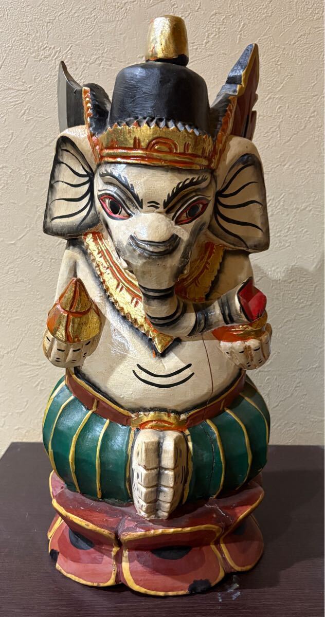 ガネーシャ像 木製 彫刻 約41cm 富と繁栄 愛の神様 木彫 レトロ インド 置物 インテリア 仏像 インドで購入 中古 コレクション拍卖