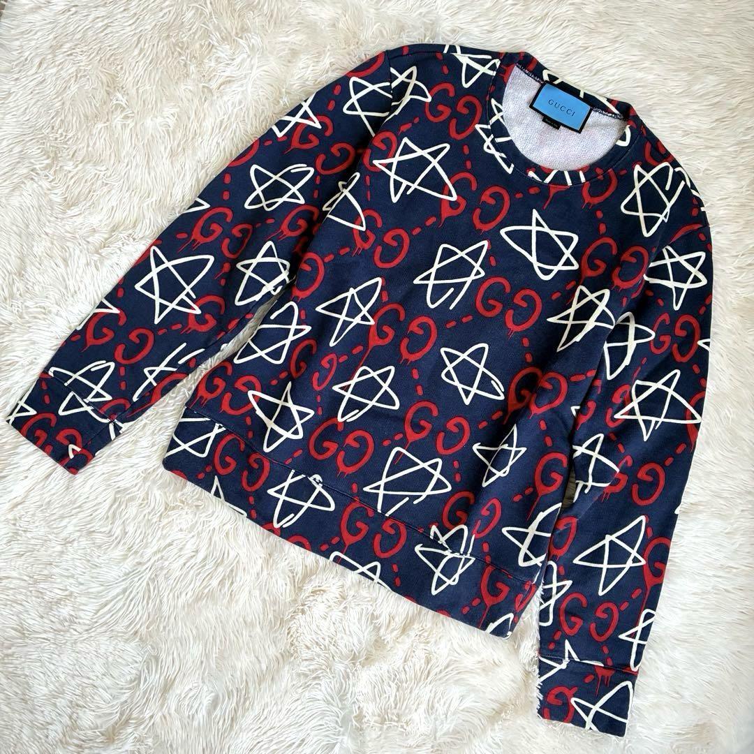 【美品】GUCCI グッチ クルーネック トレーナー ゴースト 総柄 GG シマ 星 スウェット 長袖 マルチカラー 紺色 ネイビー系 S 男女兼用 希少拍卖