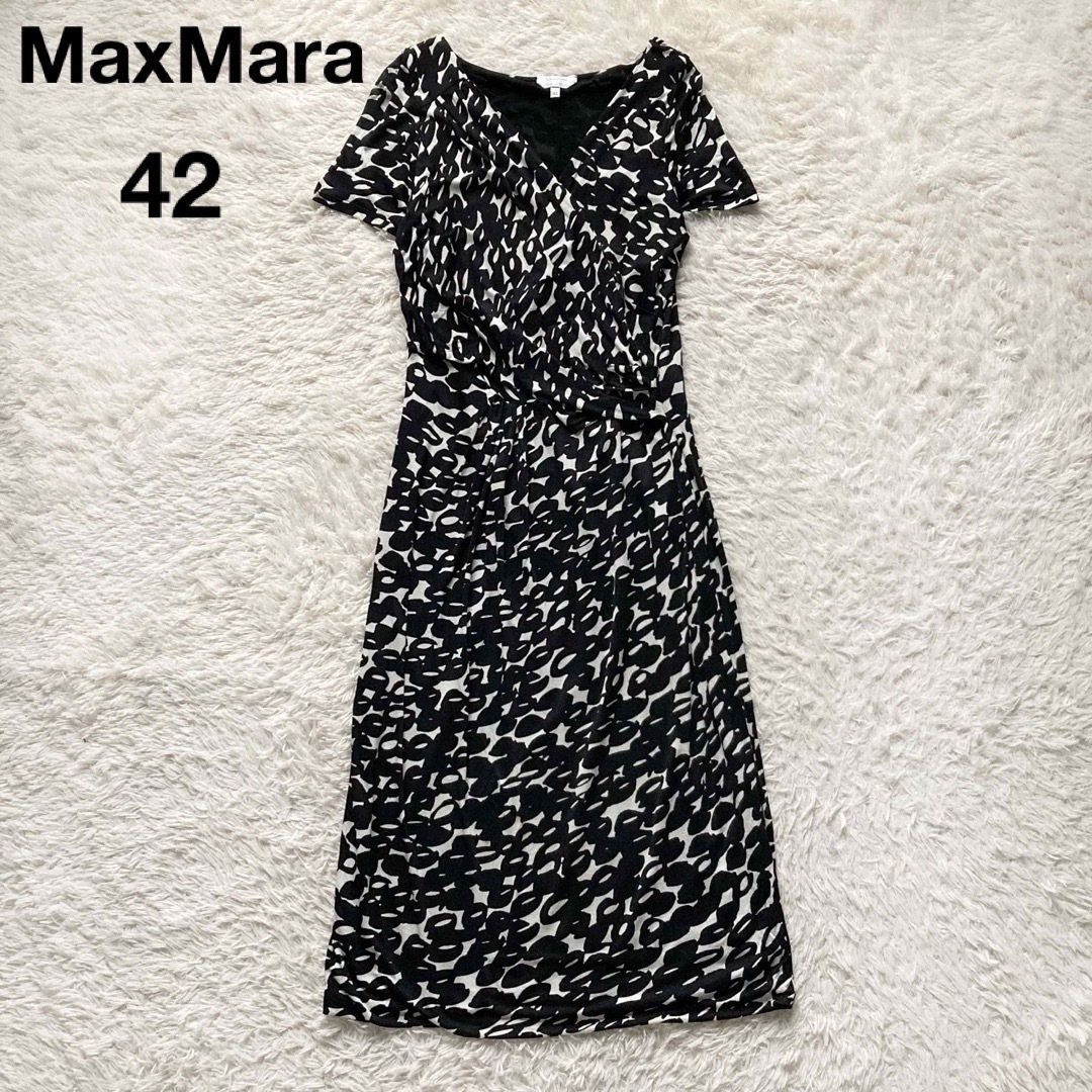 *最高級白タグ マックスマーラ カシュクールワンピース ストレッチ ひざ丈 総柄 42サイズ ブラック ホワイト イタリア製 MaxMara拍卖