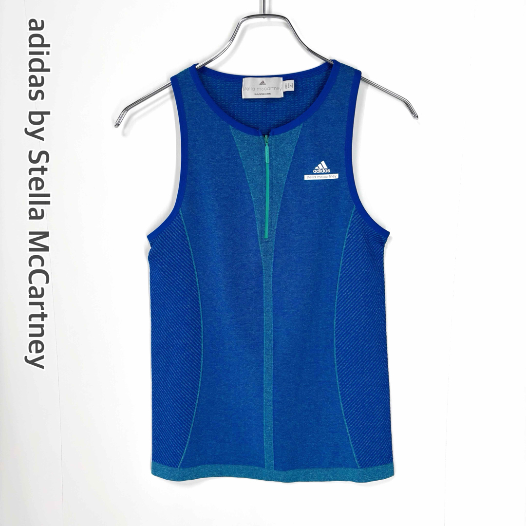 美品 アディダス ステラマッカートニー ジップ付 タンクトップ ノースリーブ 2XOTサイズ ブルー 青 adidas by Stella McCartney拍卖